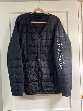 Black Scale Black Quilted Puffer Jacket with White Sleeve Script